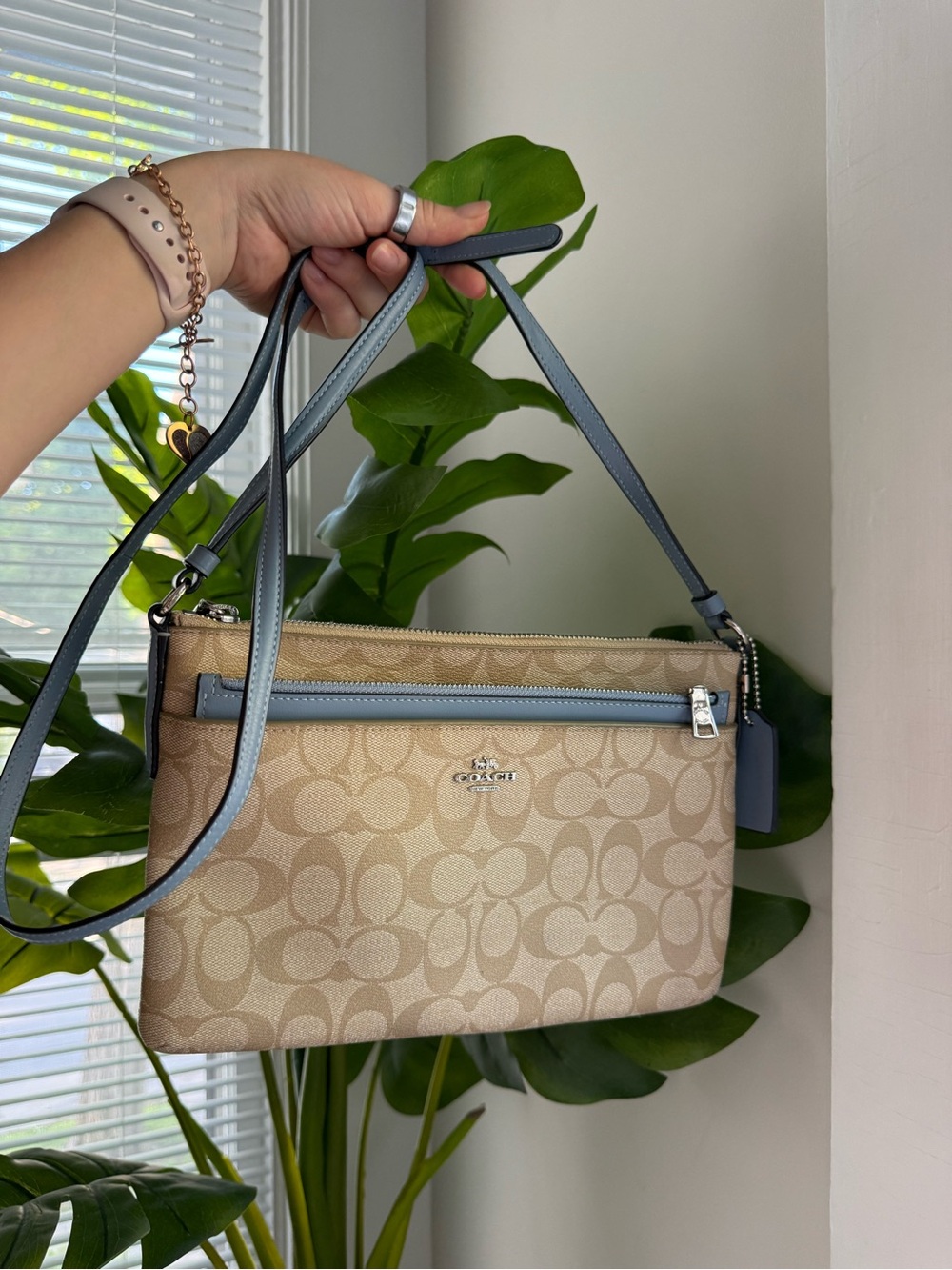 Coach Beige Signature Canvas Crossbody with Blue Trim